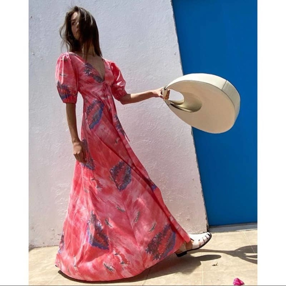 STAUD Coral-Pink Printed Puff-Sleeve Midi Dress